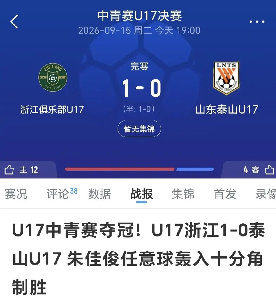 日籍主教练浮嶋敏选人绝对有问题，浙江U17队2：1战胜山东泰山U17获得中青赛冠军，结果冠军浙江U1