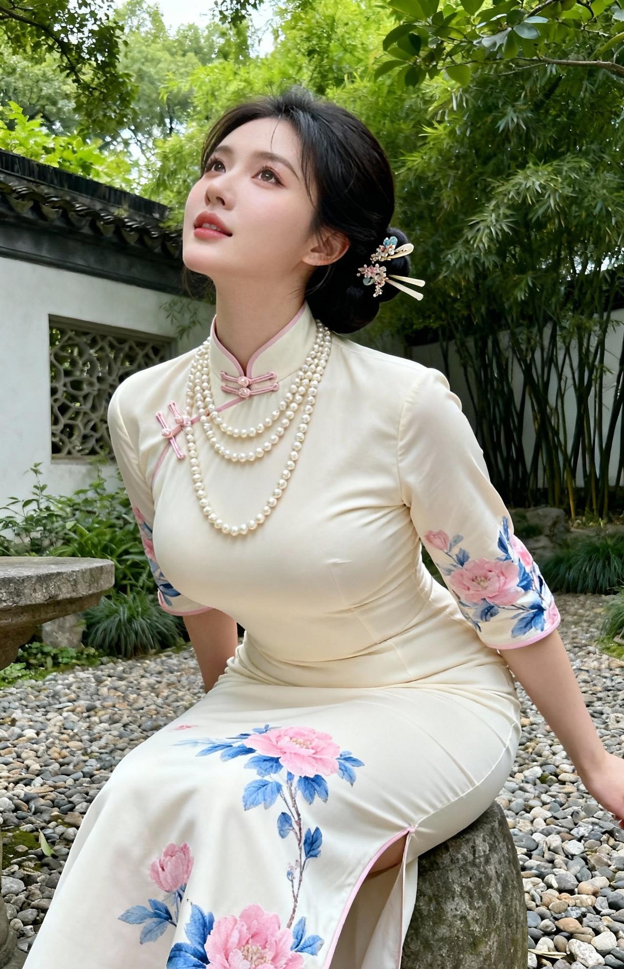 《竹苑旗袍佳人》白墙漏瓦隐修篁，翠叶摇风覆古廊。一地卵石铺静径，半庭草木