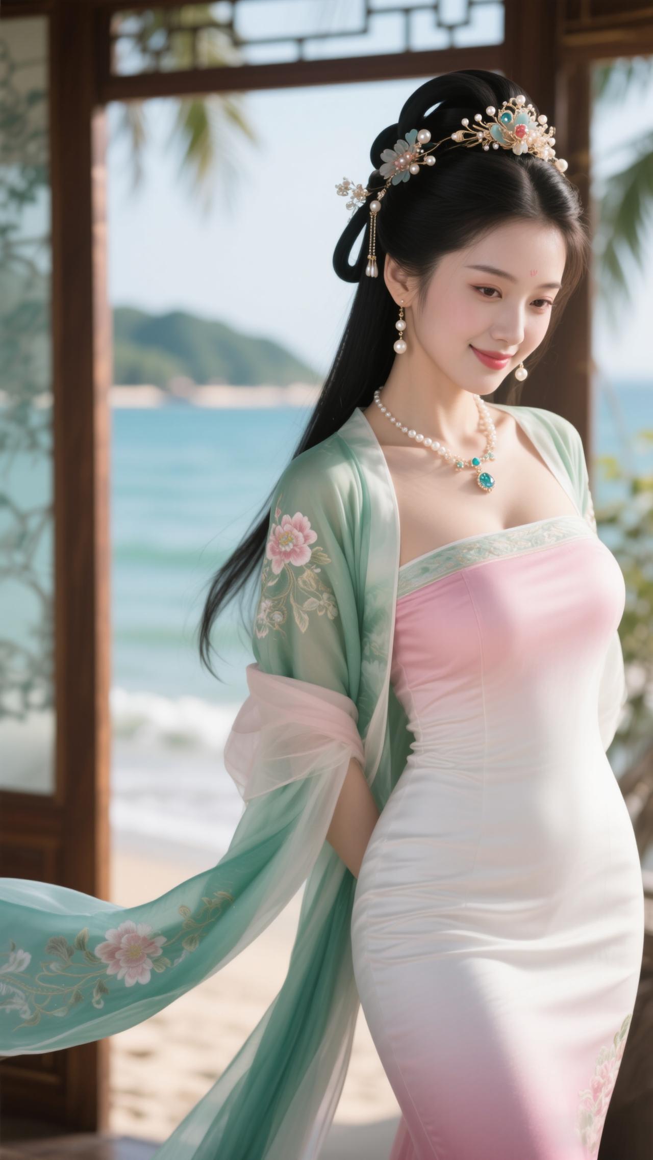 海风吹皱碧琉璃，亭畔佳人着粉绿罗裙，青绡曳地如裁江雾，粉襟映波似拾霞云。珠簪垂穗