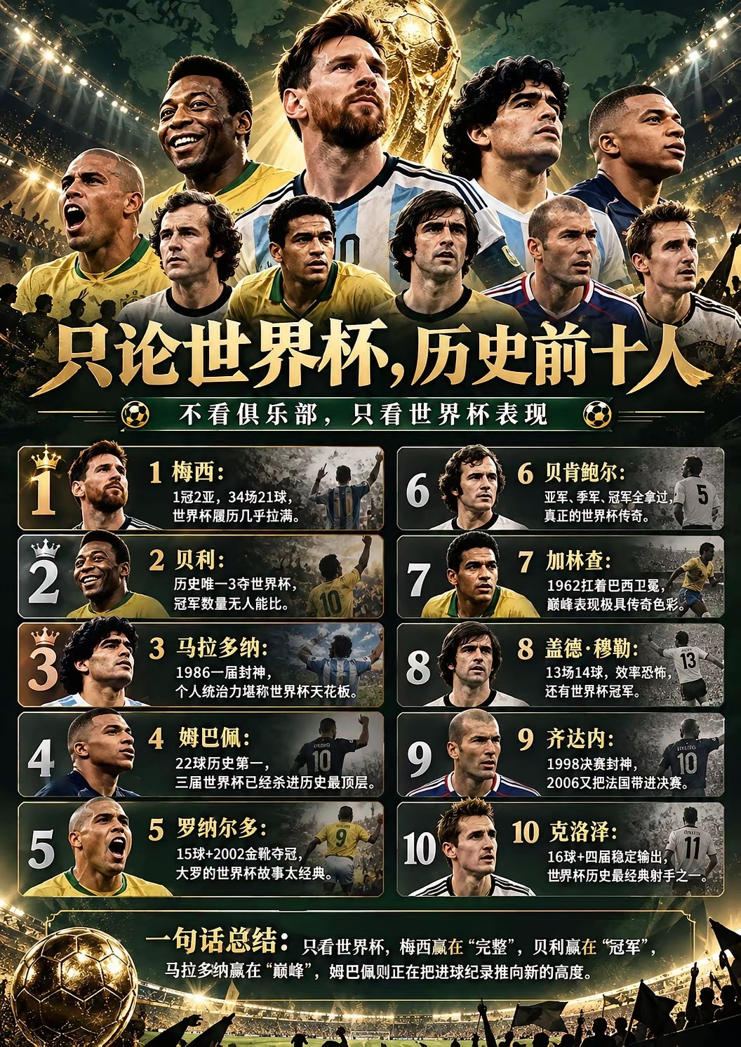 只论世界杯，历史前十人1.梅西：1冠2亚，34场21球，世界杯履历几乎拉满。2
