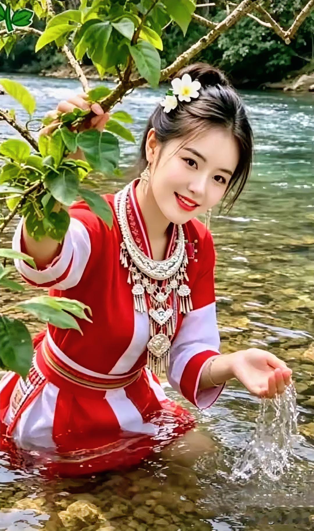 一位姑娘身着漂亮衣裳，在溪边悠然玩耍。林间粉衣少女溪边柔美容颜溪边淑女照