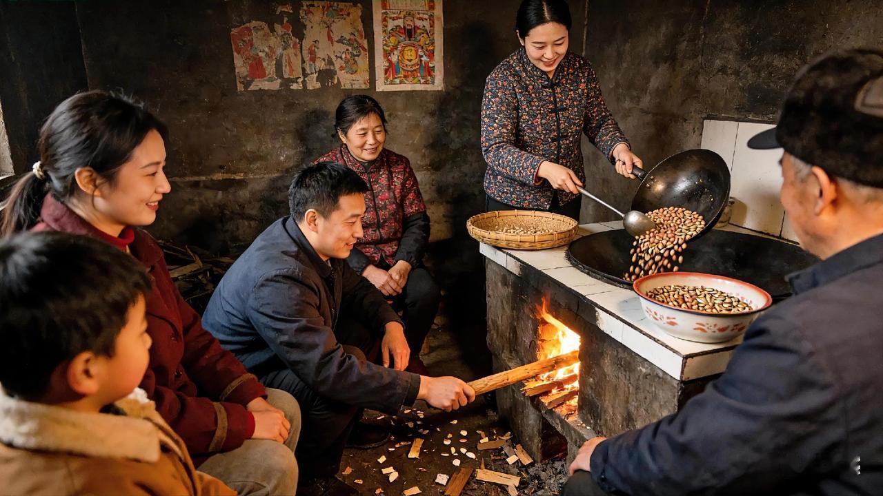 大年三十吃了年夜饭，全家坐在灶台旁，父亲烧柴火，母亲炒瓜子、花生，弟弟们时不时，