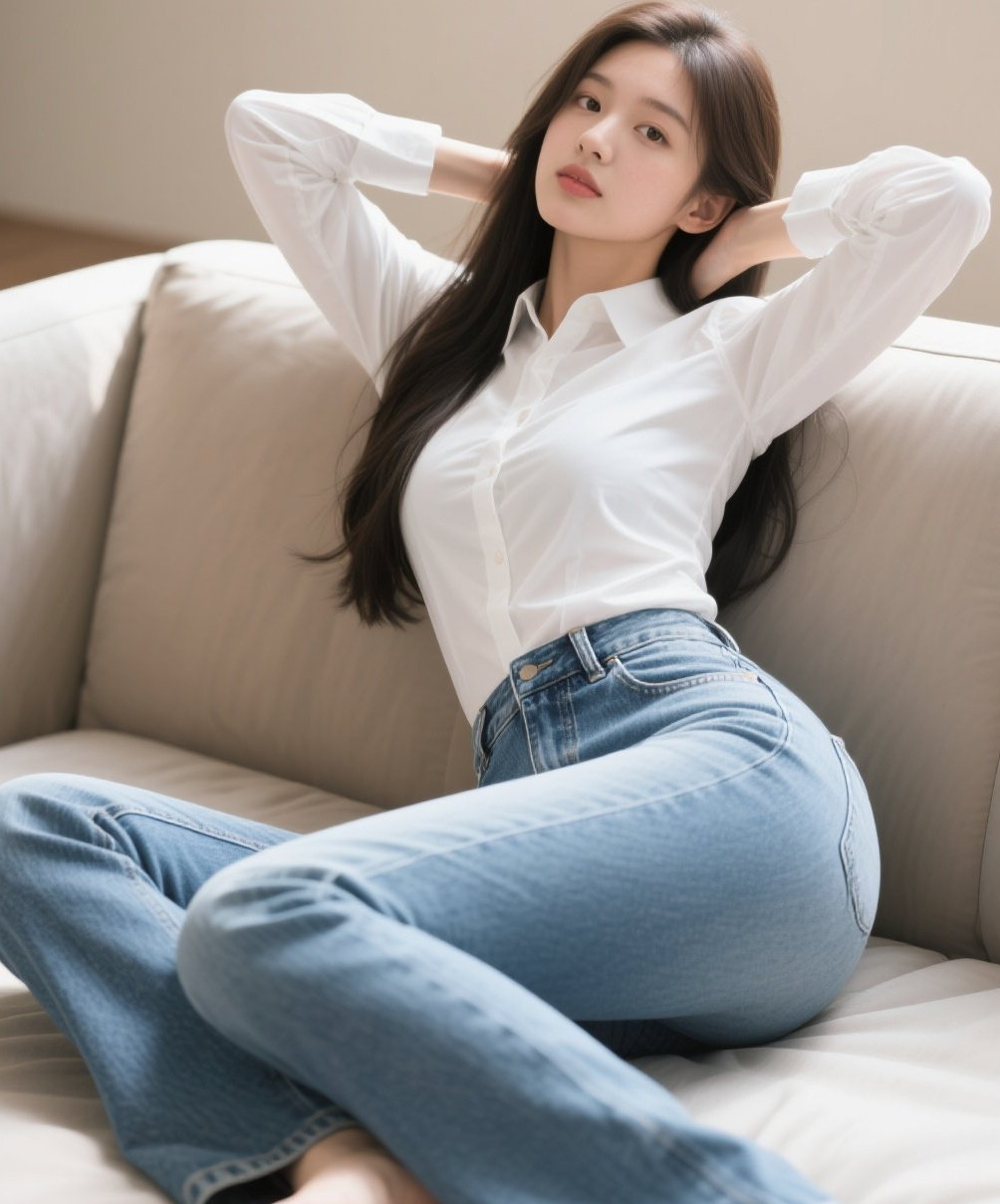 娇俏佳人沙发写真牛仔裤下的纯欲魅力