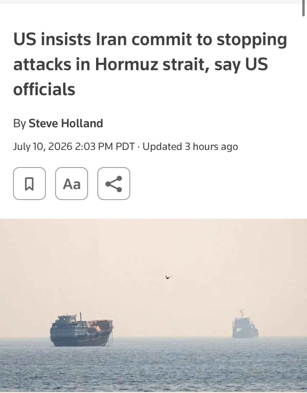 7月10日多家媒体披露，在阿曼斡旋下，伊朗已通过外交渠道向美国表示，近期针对霍尔
