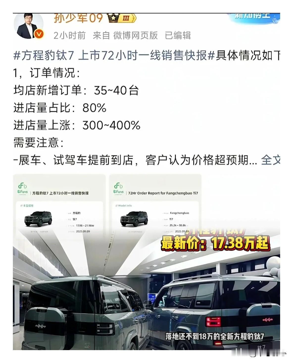 王传福又要失眠了，因为方程豹钛7的销量已经超过了预期。方程豹钛7上市仅仅一个