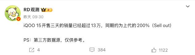 iQOO15真的成了!开售三天的销量已经超过13万,同期约为上代的200%注意