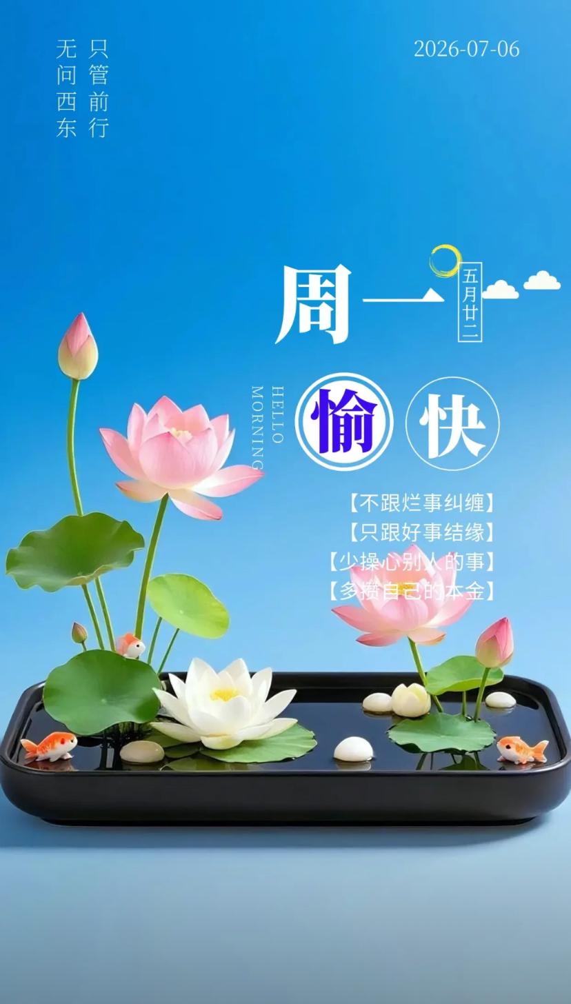 夏晨问安，蝉鸣荷漾清风至，暑至心老福运来。2026./07.06.[