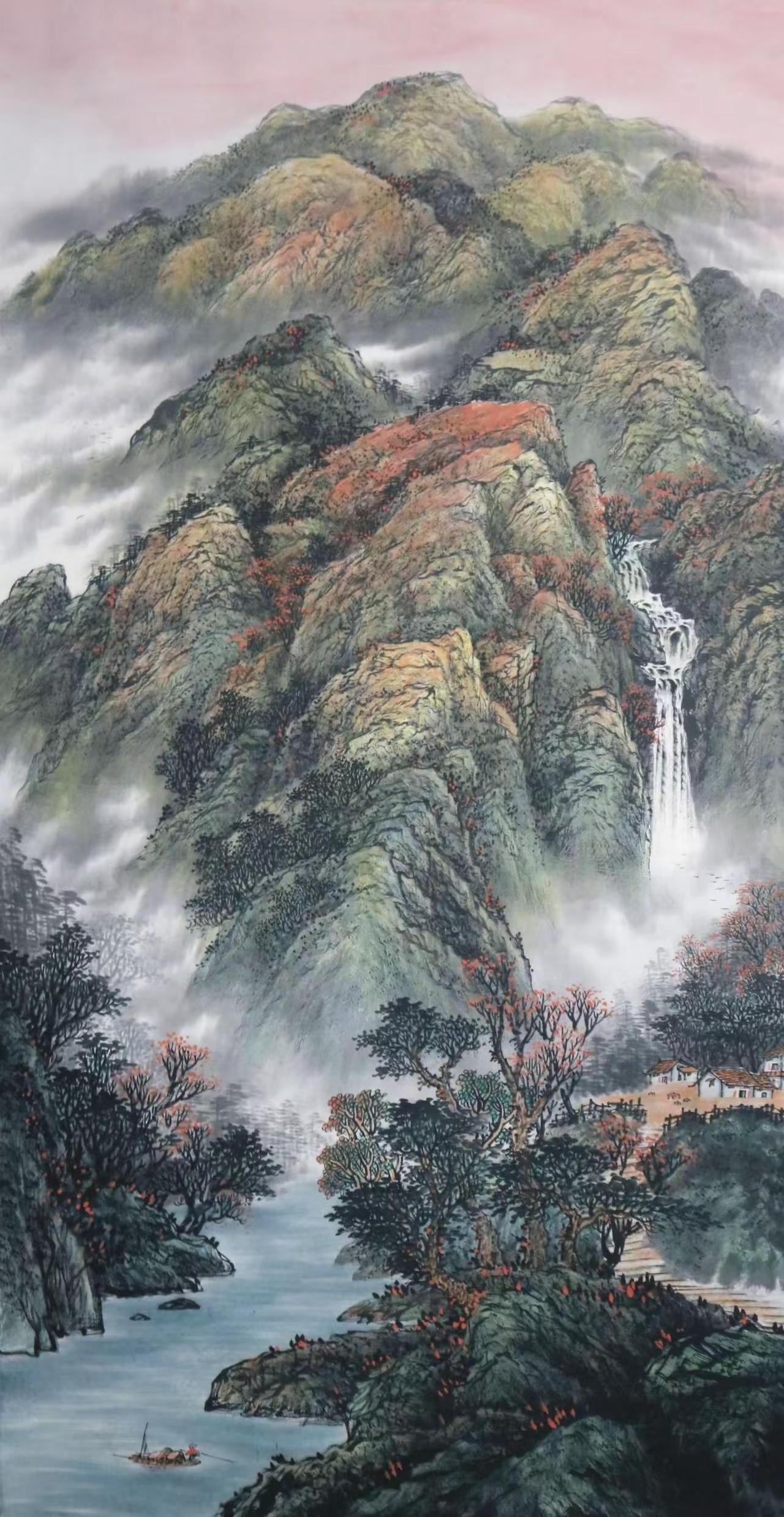 秋山观瀑。写意山水创作者中心创作灵感山水写意意境山水画