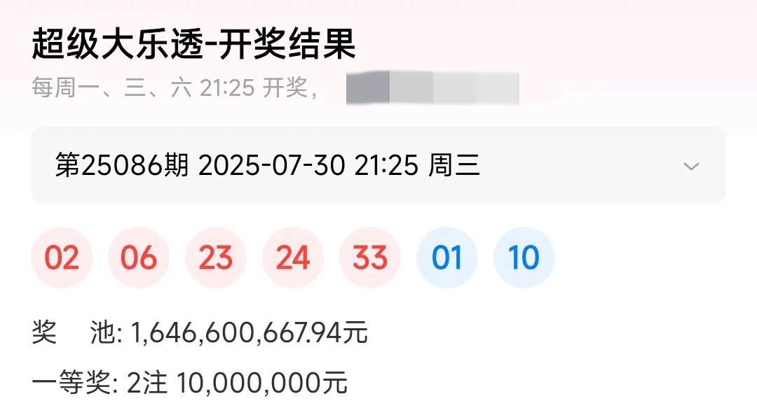 大乐透25086期开奖结果，250860206232433011