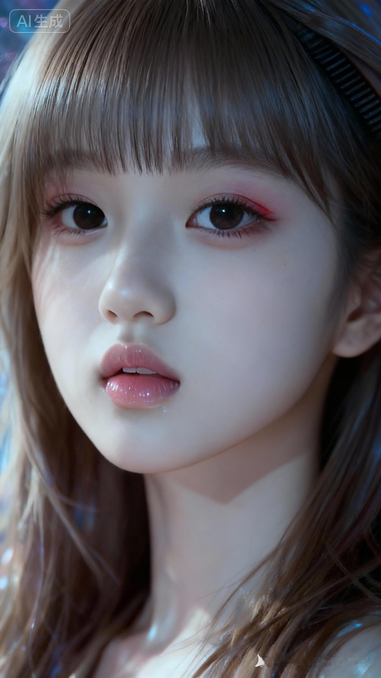 少女凌乱浅棕长发遮半脸，发丝细腻刻画，精致东方面容，桃花眼直视镜头，薄唇微张覆透