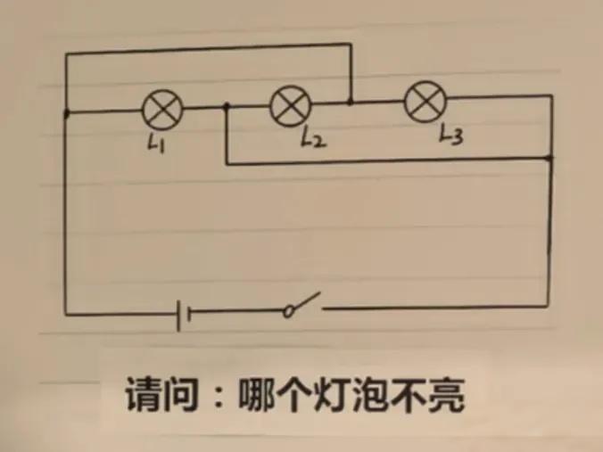初中物理电路题：哪个灯泡不亮？在这个电路图中，L1、L2和L3三个灯泡的连