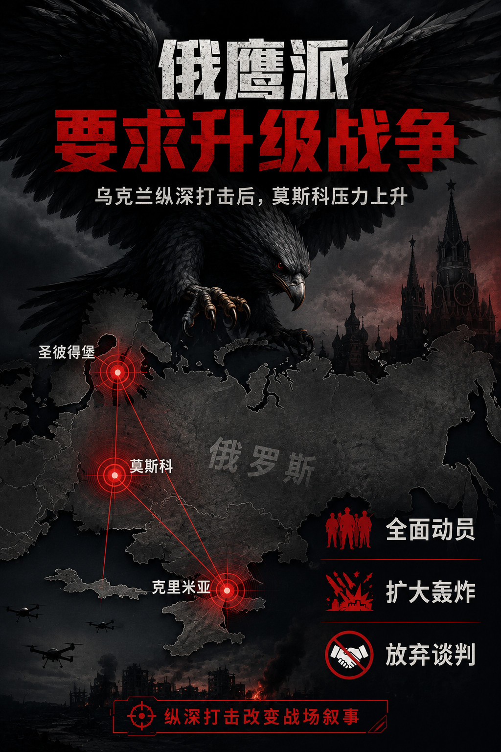 乌克兰无人机打到莫斯科、圣彼得堡和克里米亚之后，俄罗斯国内鹰派开始坐不住了。据路