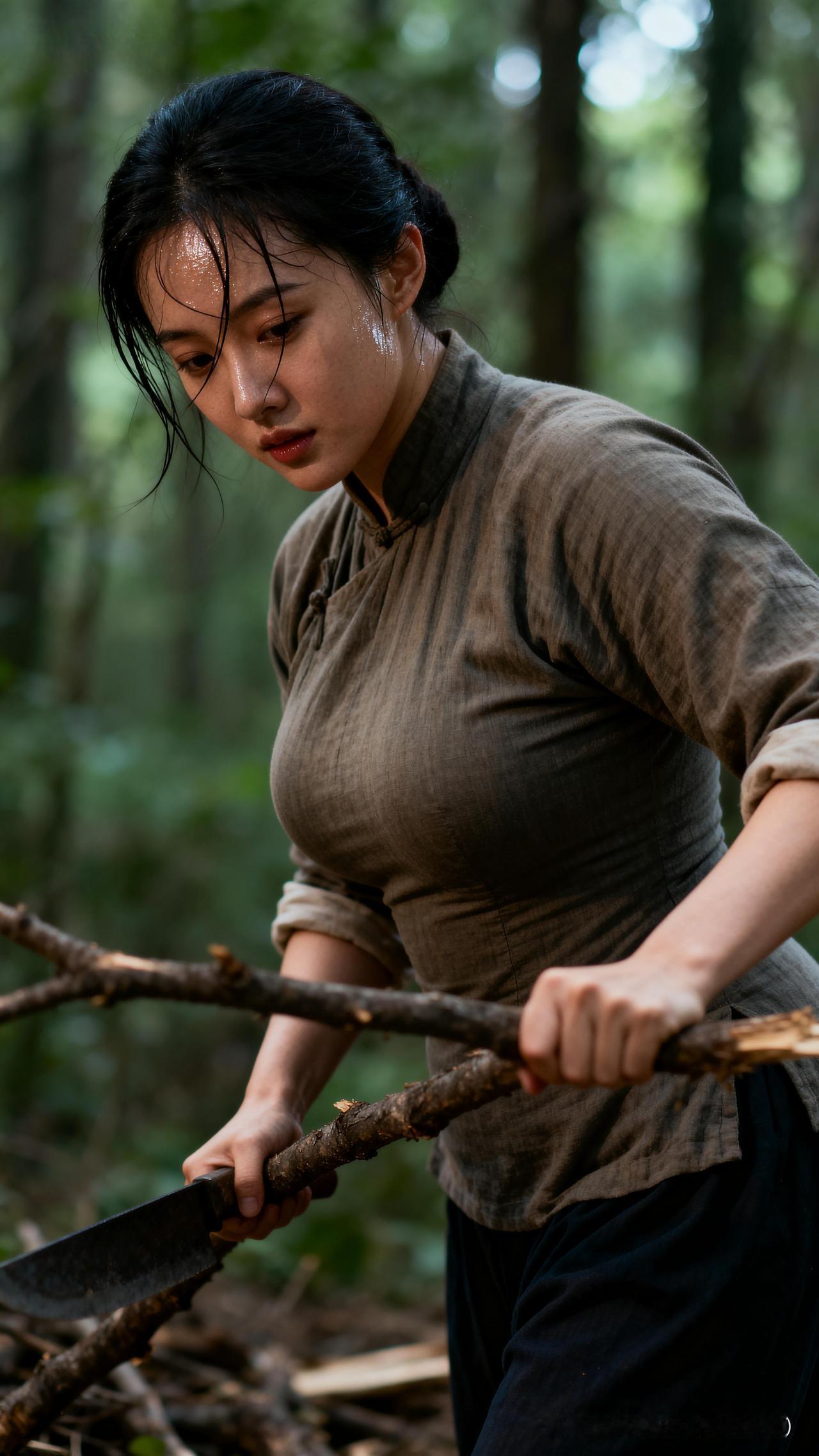 她把所有的委屈和难，都融进了劈柴的每一下动作里。柴捆在肩头晃悠，汗水糊了眉眼，可