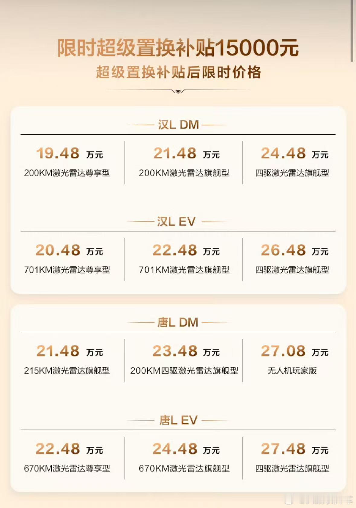 2025广州车展，迪子公布了汉唐L的限时置换补贴价，汉L19.48w起，唐L