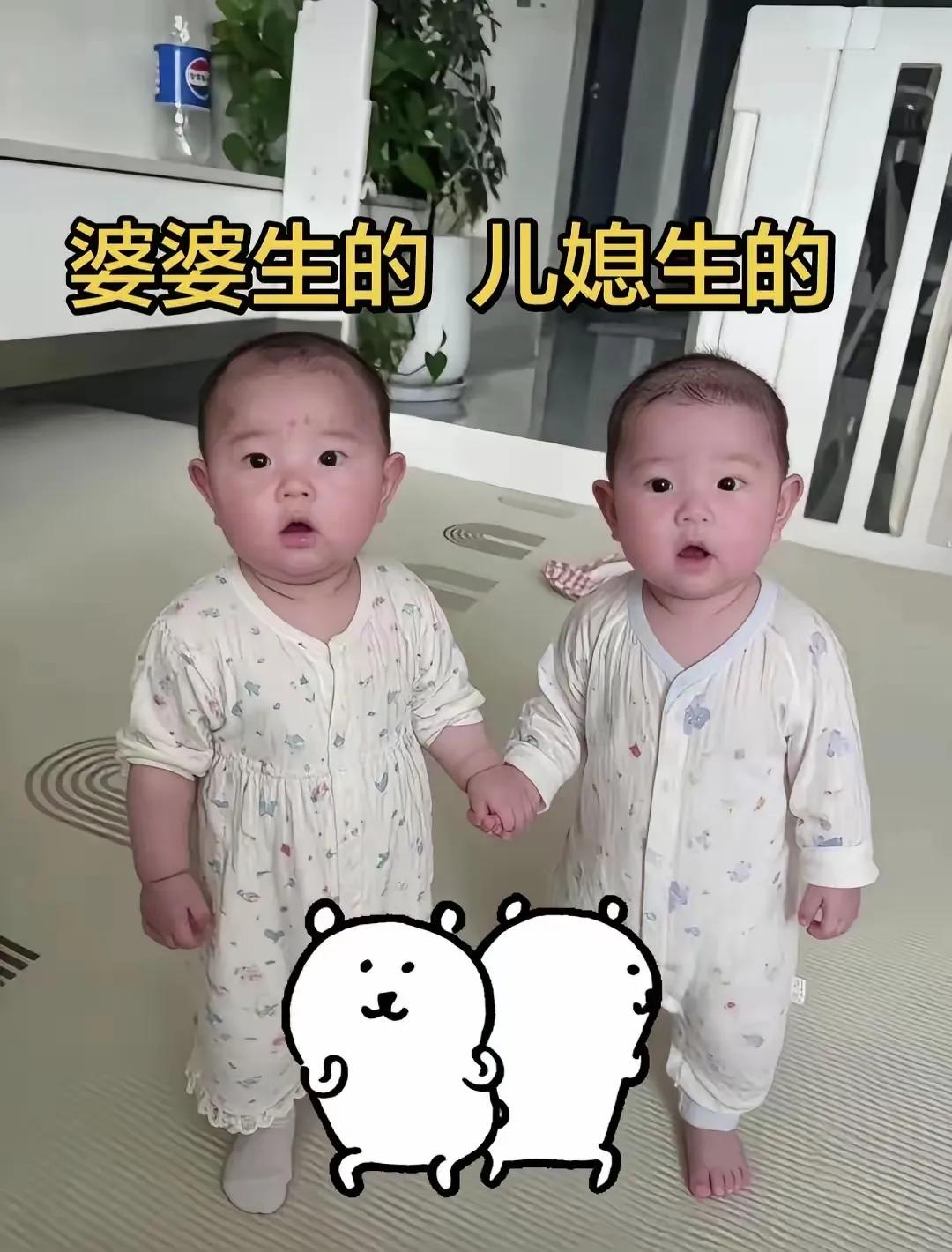 这可不是双胞胎。他俩是叔侄关系。高点的那个是婆婆生的，矮点的是儿媳妇生的。俩