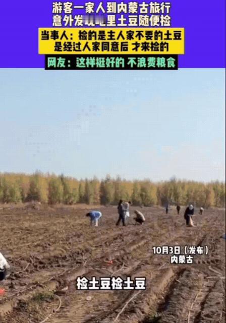 10月4日发布，男子一家三口去内蒙古旅行，意外发现路边地里有很多土豆，竟
