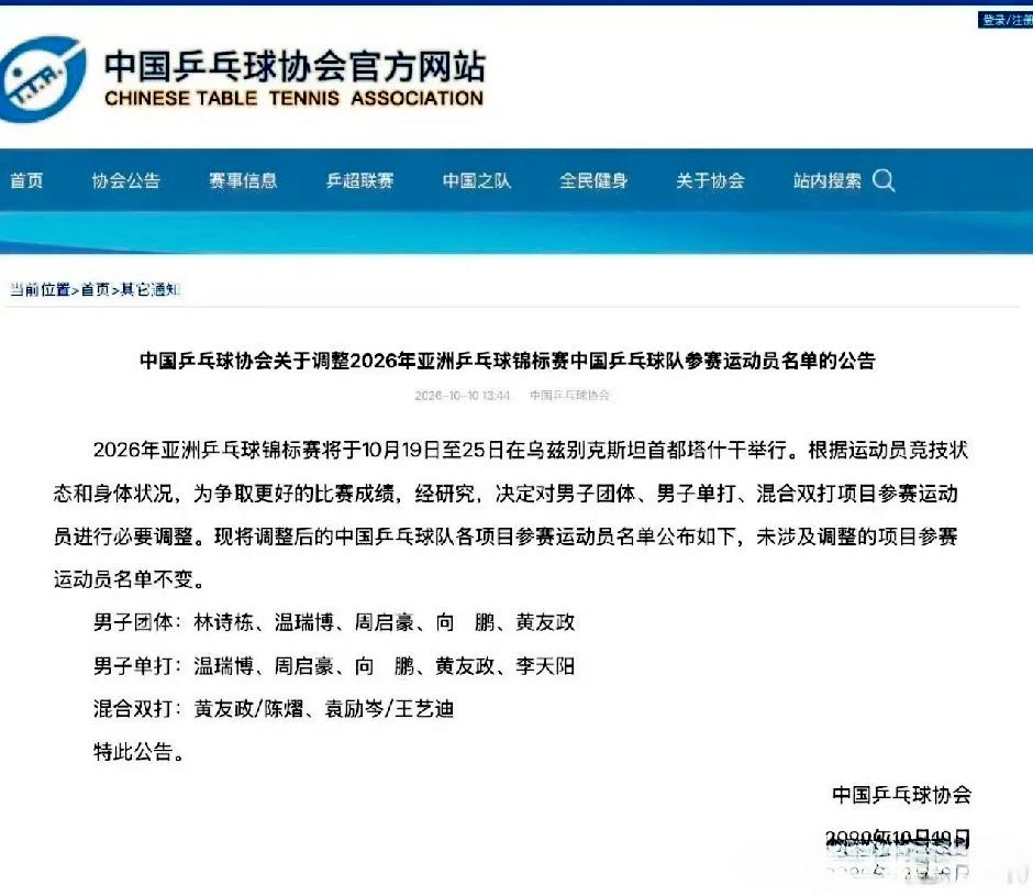 乒协最新消息：取消林诗栋、梁靖崑亚锦赛的单打资格，由向鹏、周启豪、温瑞博接替，林