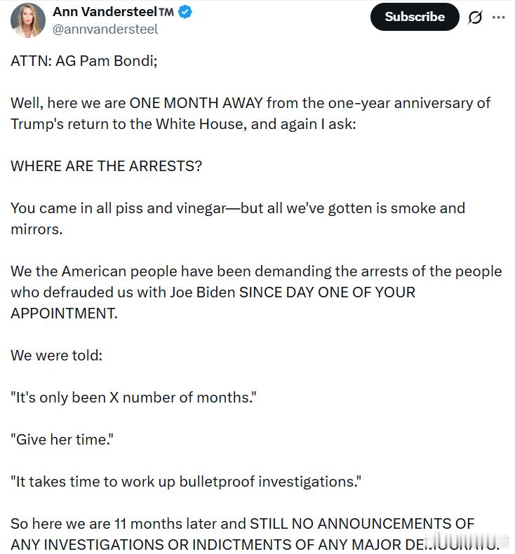 致：司法部长帕姆·邦迪现在距离特朗普重返白宫一周年只剩下一个月了，我再次要问一句