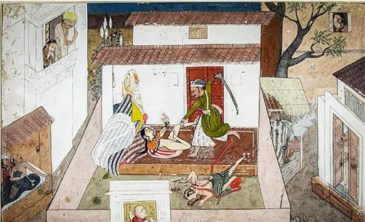 1745年的印度《捉奸图》，奸夫已经被砍死，趴在地上。丈夫抓着妻子的一只脚，要砍