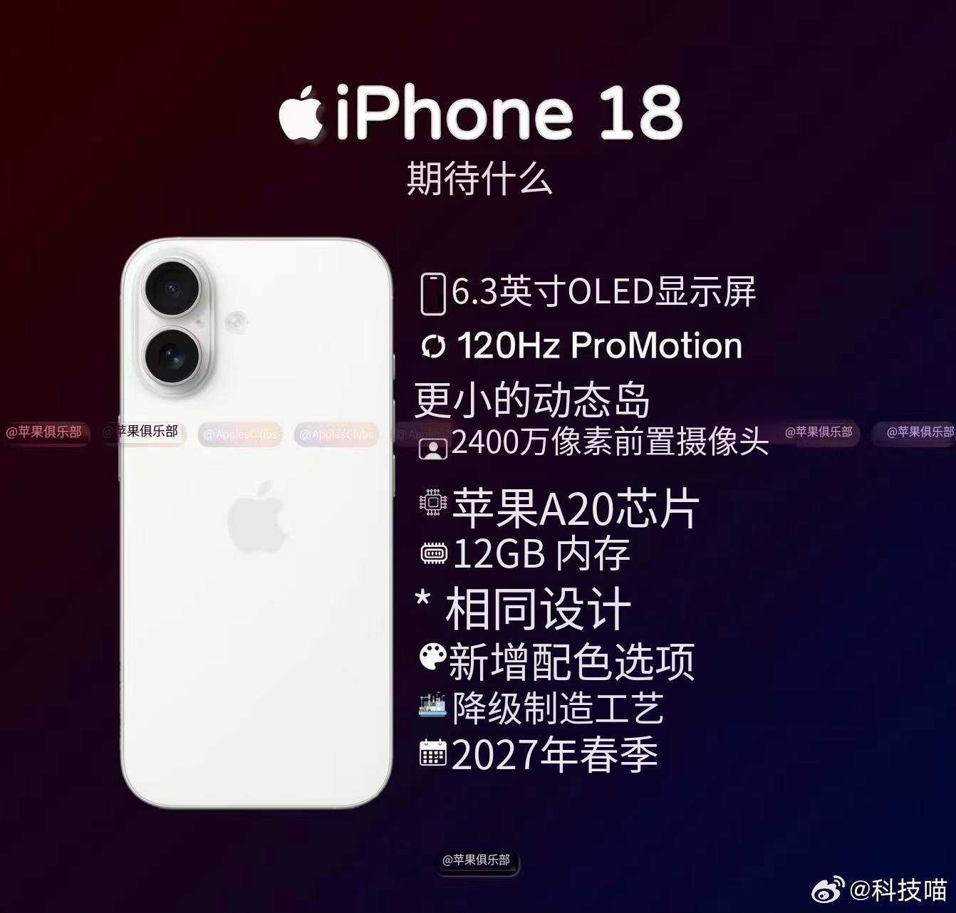 iPhone18标准版爆料汇总6.3英寸OLED屏+120HzProMoti
