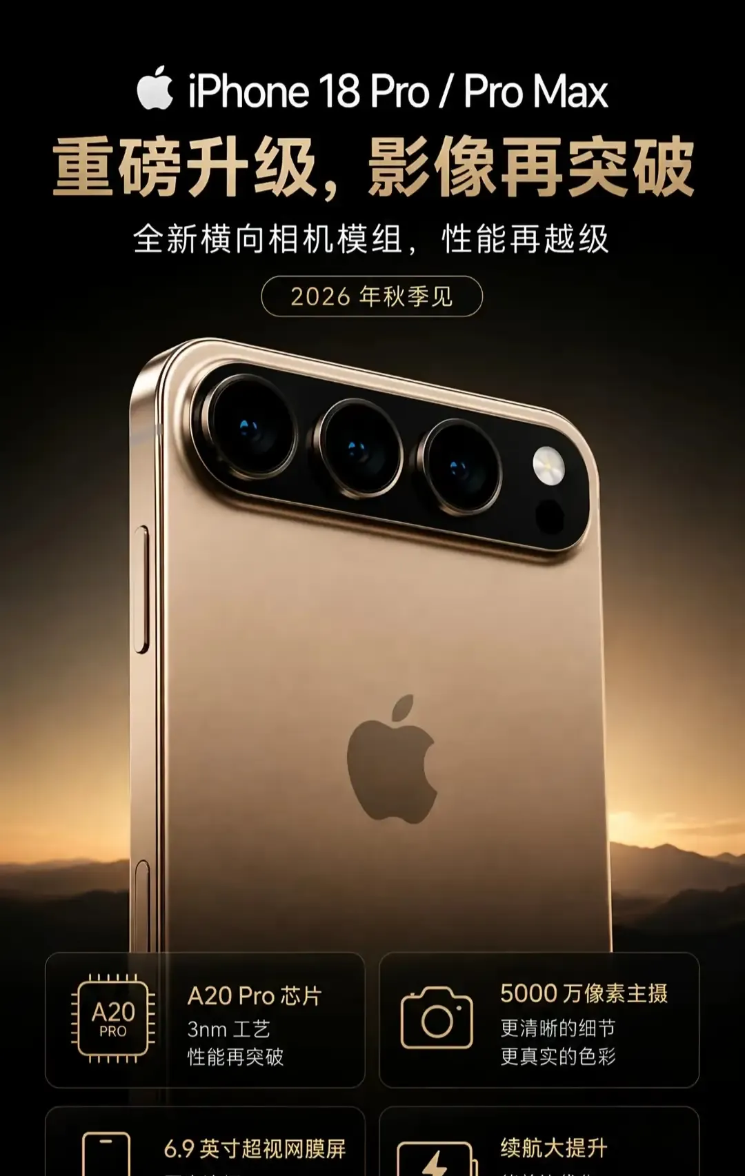 苹果终于舍得“整容”了？iPhone18Pro爆料全曝光：竖排镜头成历史，横向大模组+A20Pro2