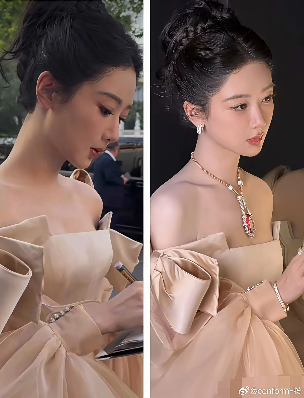 大家发现了吗？巴黎活动杨紫进场前脖子是空的，进场后才戴上项链！一般而言，出席活动