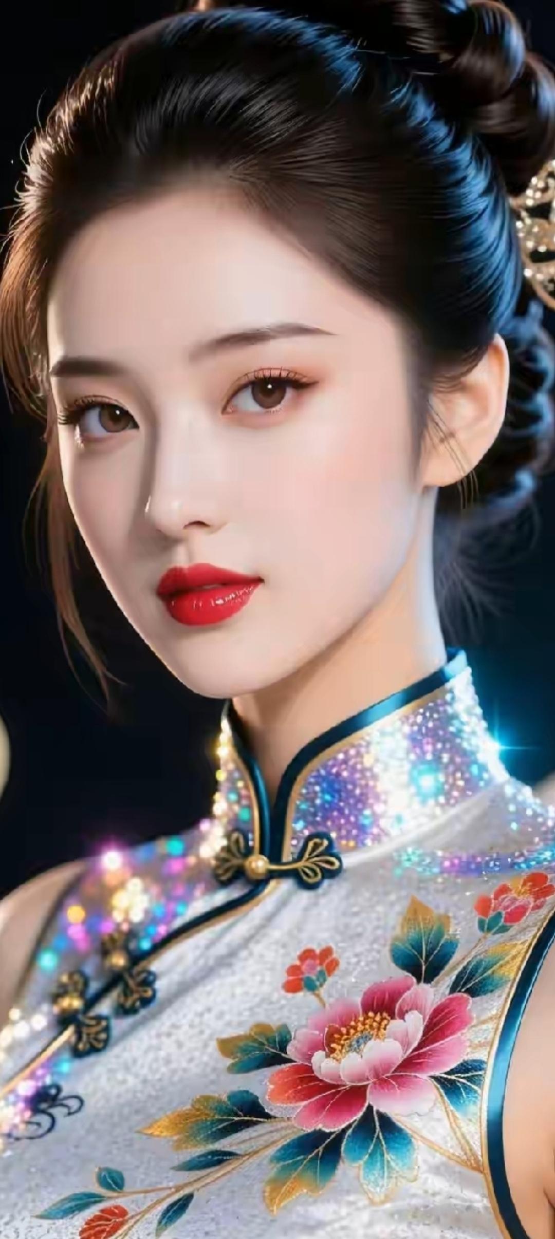 惊艳的东方古典美人，红唇与华服相映成辉，尽显优雅与魅力。