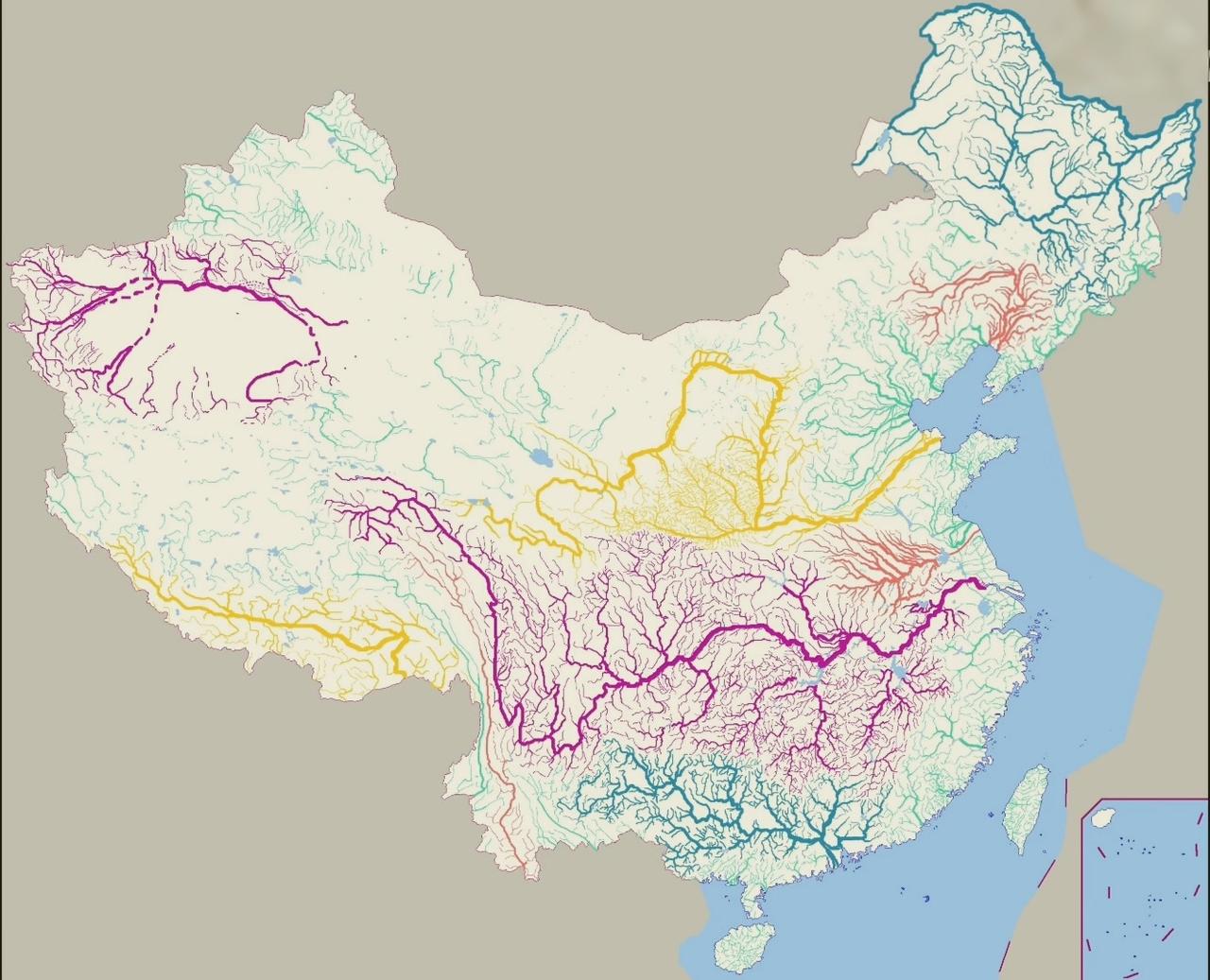 中国的水系网络是一个复杂而宏大的系统，主要受地形西高东低的三级阶梯影响，绝大多数