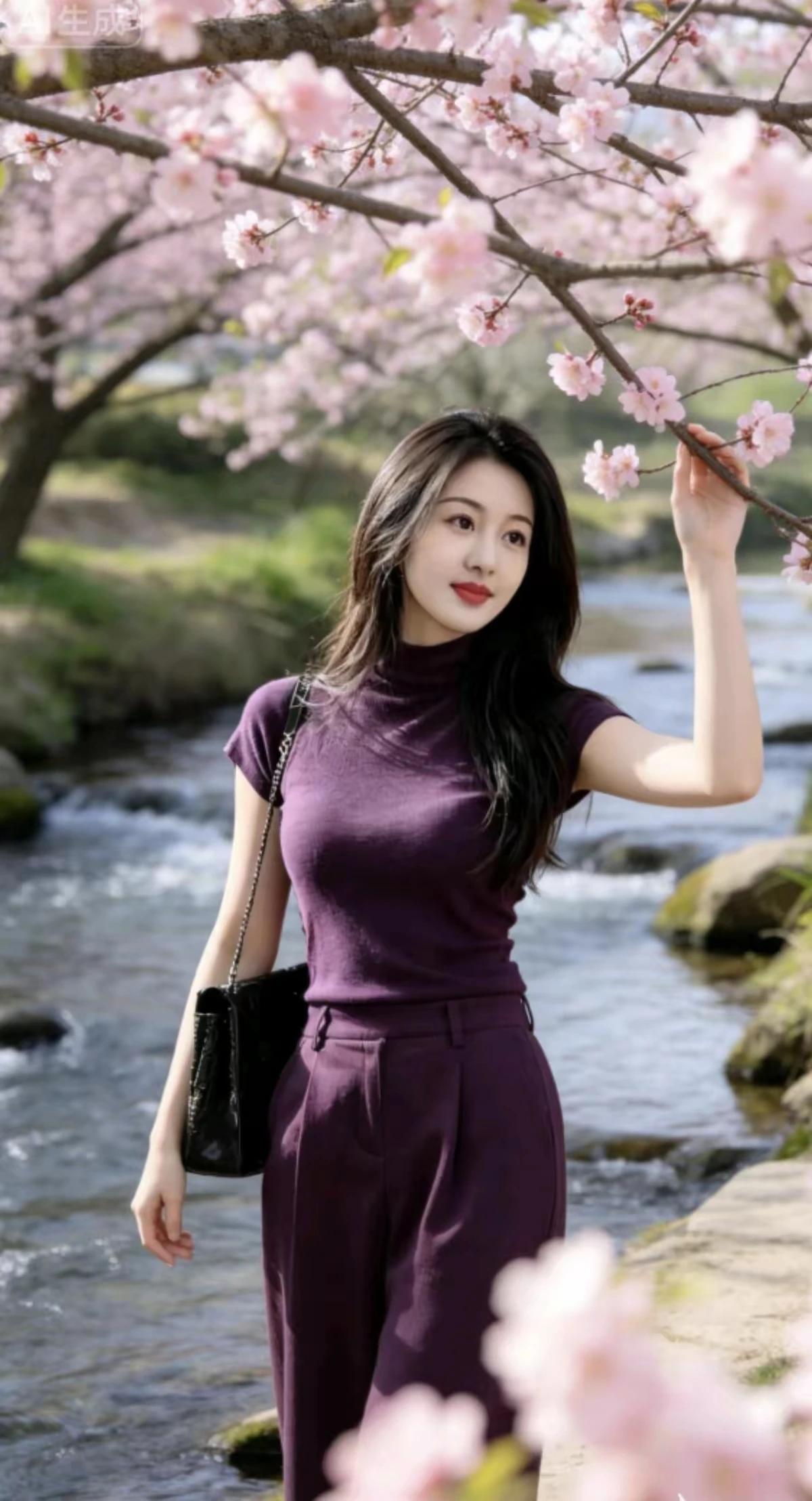 春风杏花醉江南，一夜染红半边天。佳人赏景小溪边，桃红柳绿水潺潺。