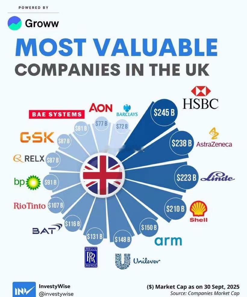 英国市值最高的公司汇丰银行——2450亿美元；阿斯利康——2380亿美元；林德集
