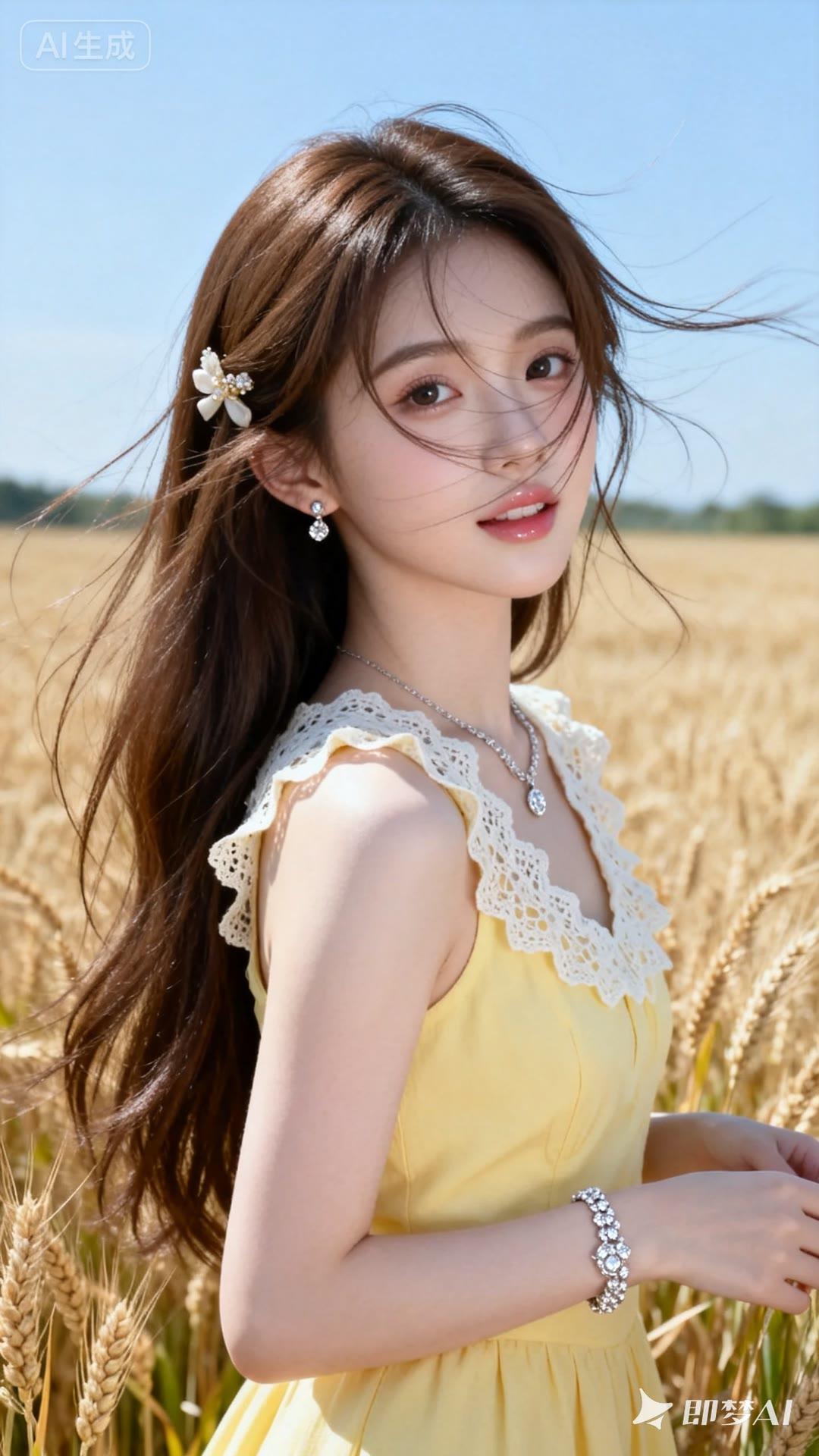 夏日田野里的甜美少女，黄色连衣裙与金色麦田相映成趣。
