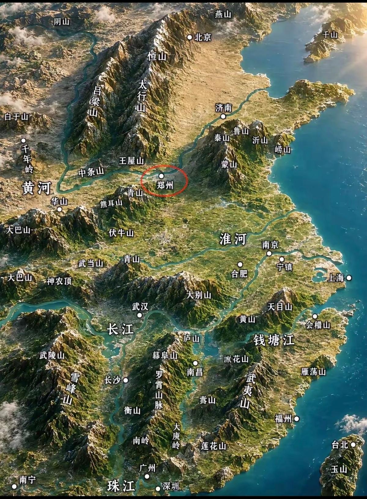 这张图展示了立体中国的大山和河流，让人对中国地理地势一目了然，我来看看你的家乡在