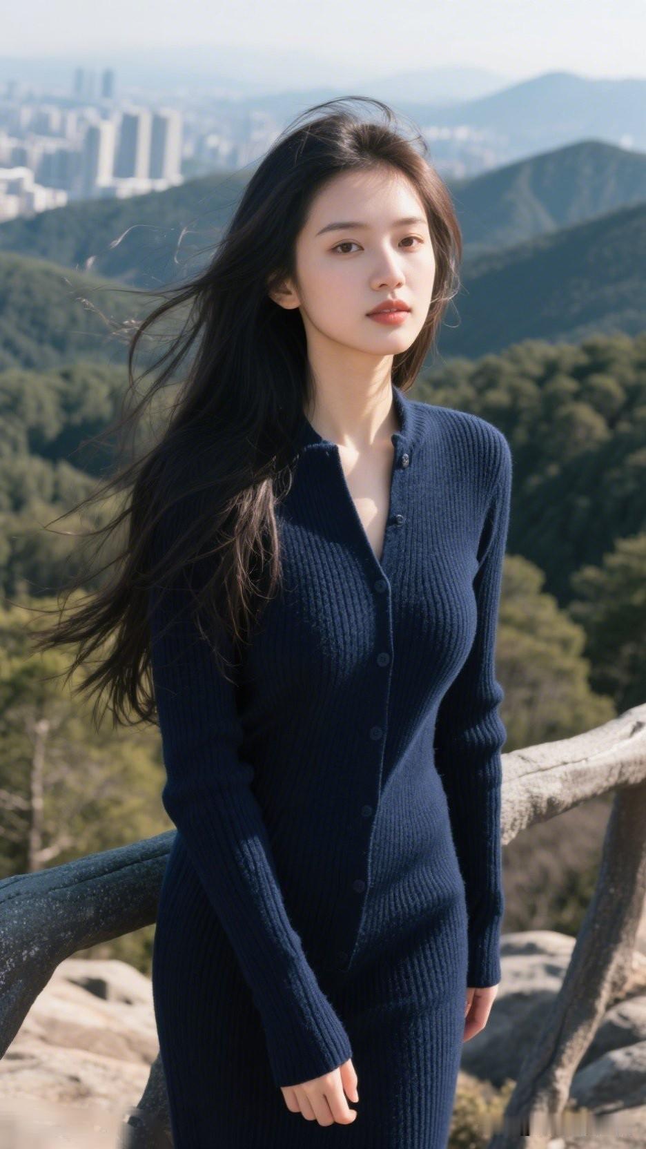 山间少女，风中轻舞，蓝衣飘飘，美不胜收。