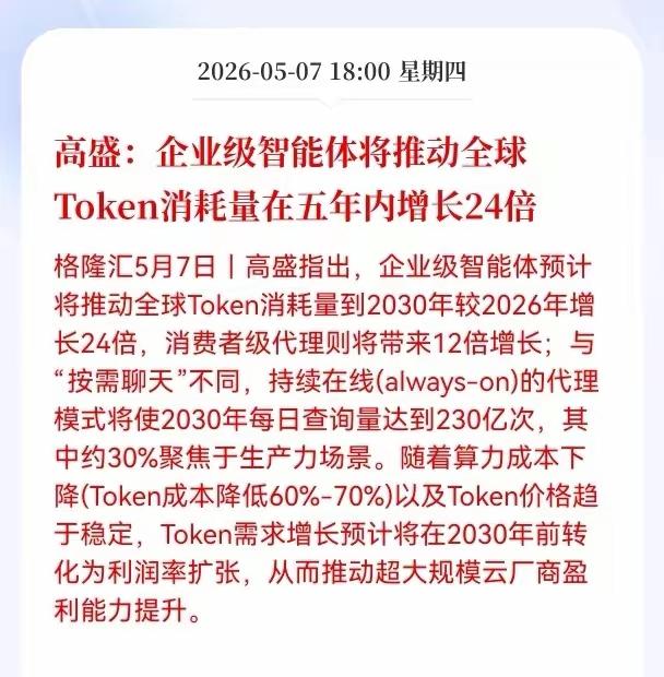 未来算力发展需求将翻倍，高盛说，企业智能将推动全球ToKen消耗量五年内增长24