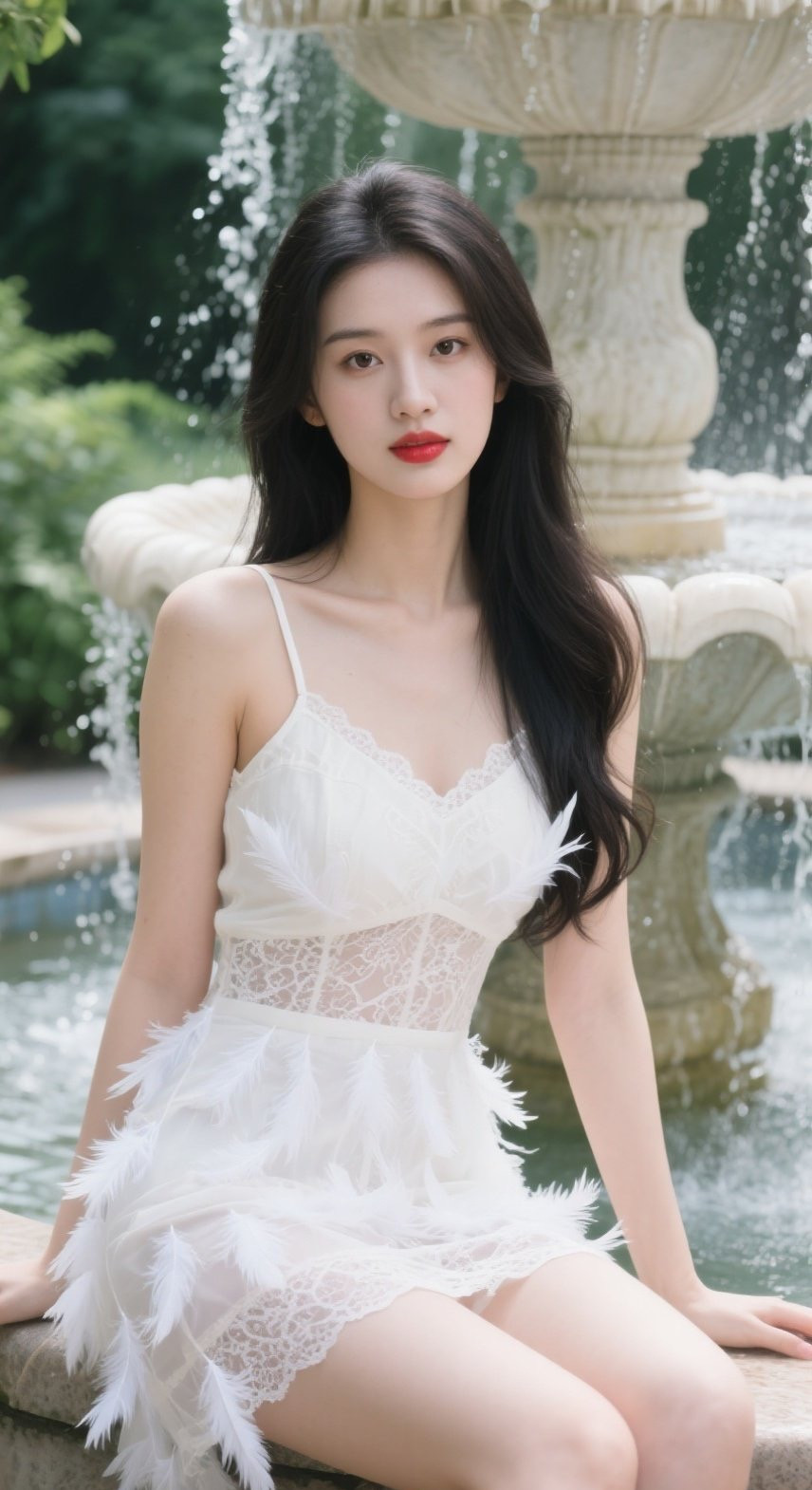 水波荡漾娇俏美人如画喷水池写真