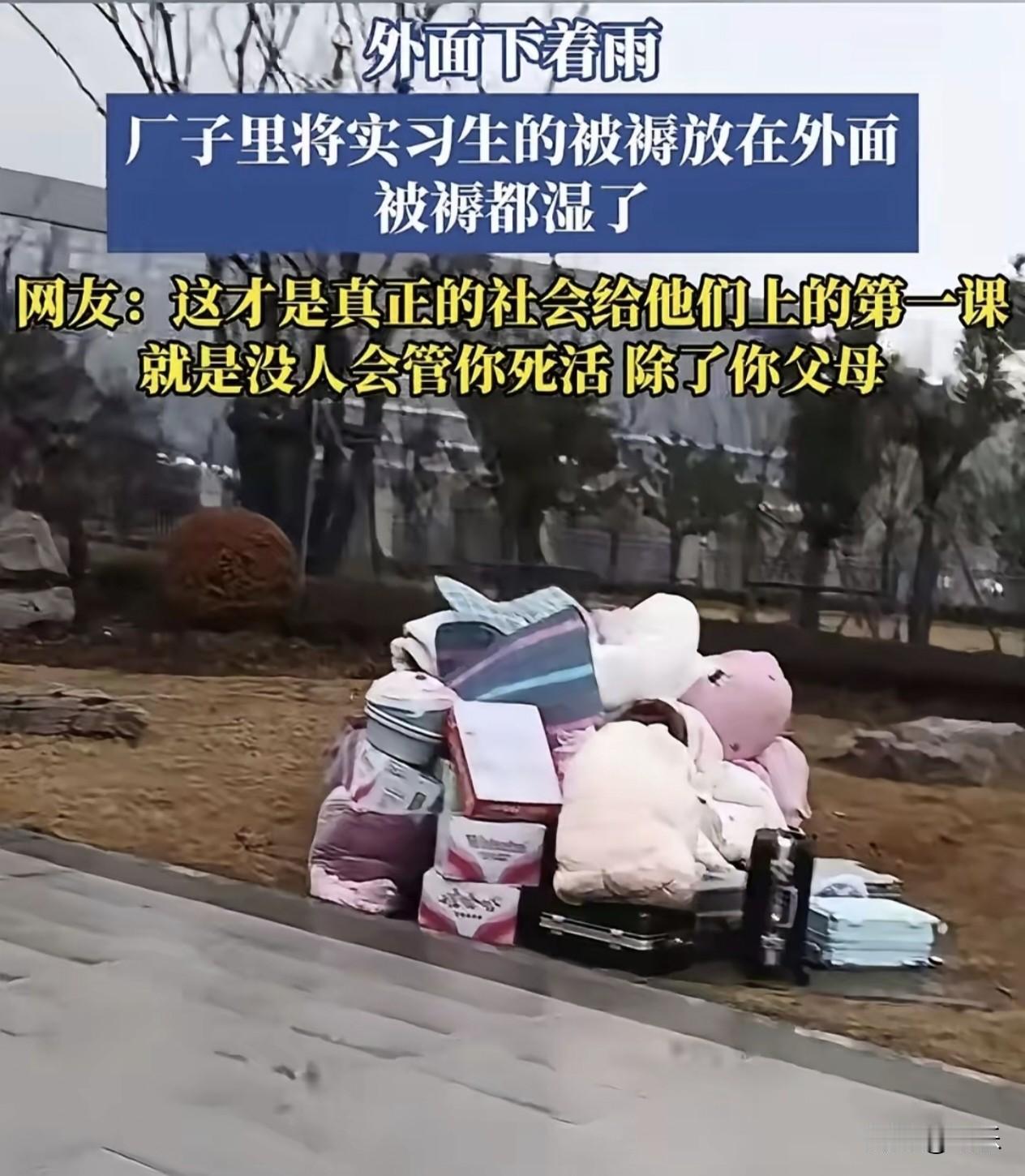 除了父母，没人在乎你。​实习期最生动的一课，厂子实习生正在实习，被褥放在外面