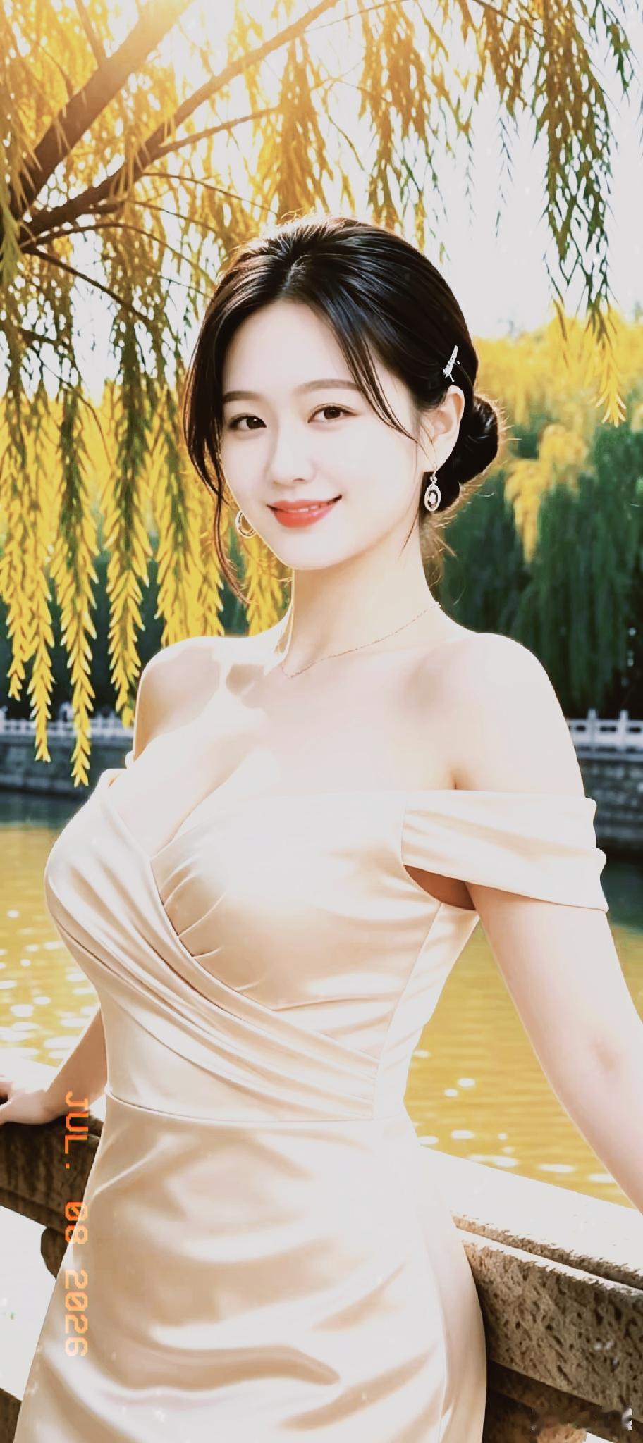 阳光穿过柔柔柳丝，温柔落在一身香槟色长裙上，光影顺着裙褶缓缓流淌，美得格外治愈。