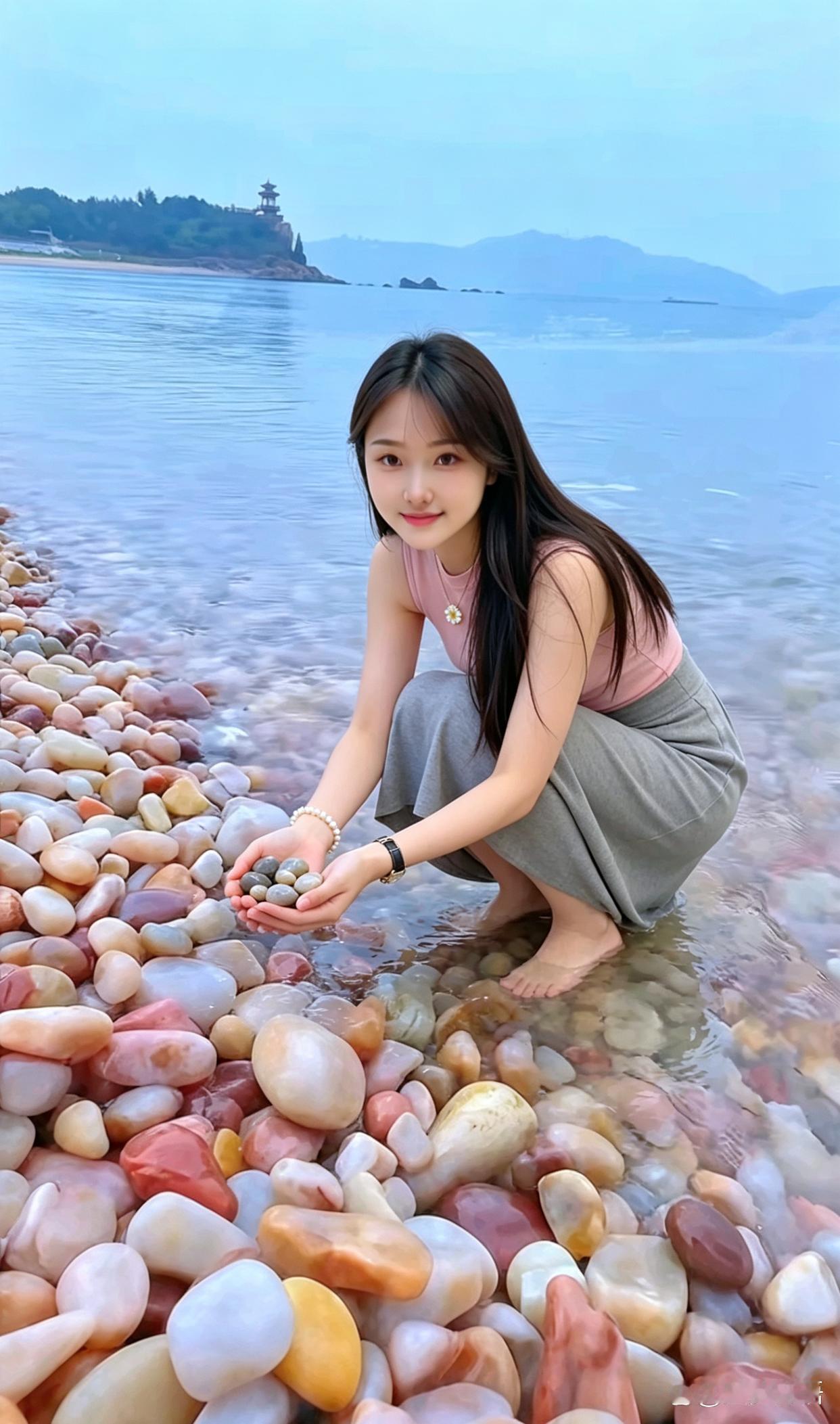 海边捡石头，好惬意啊！