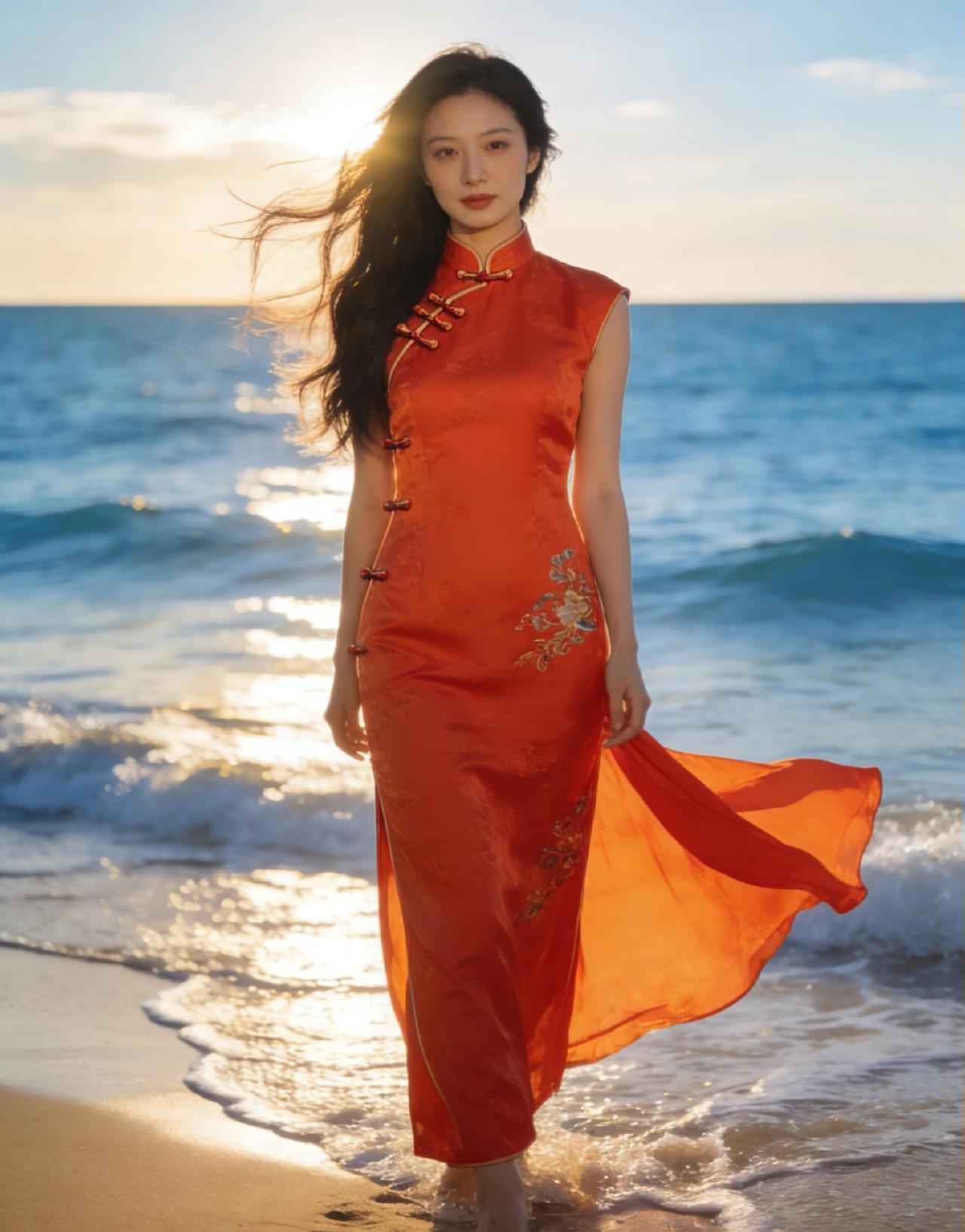这组六张桔红色旗袍海边全身影像，将东方古典美学与自然山海诗意完美交融，用镜头定格