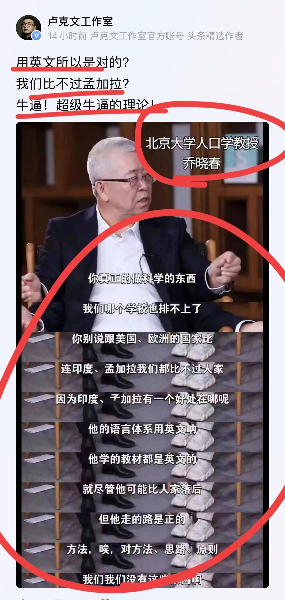 北京大学著名人口学家乔晓春发表了一通高论！！著名国际问题专家卢总都看不下去了！