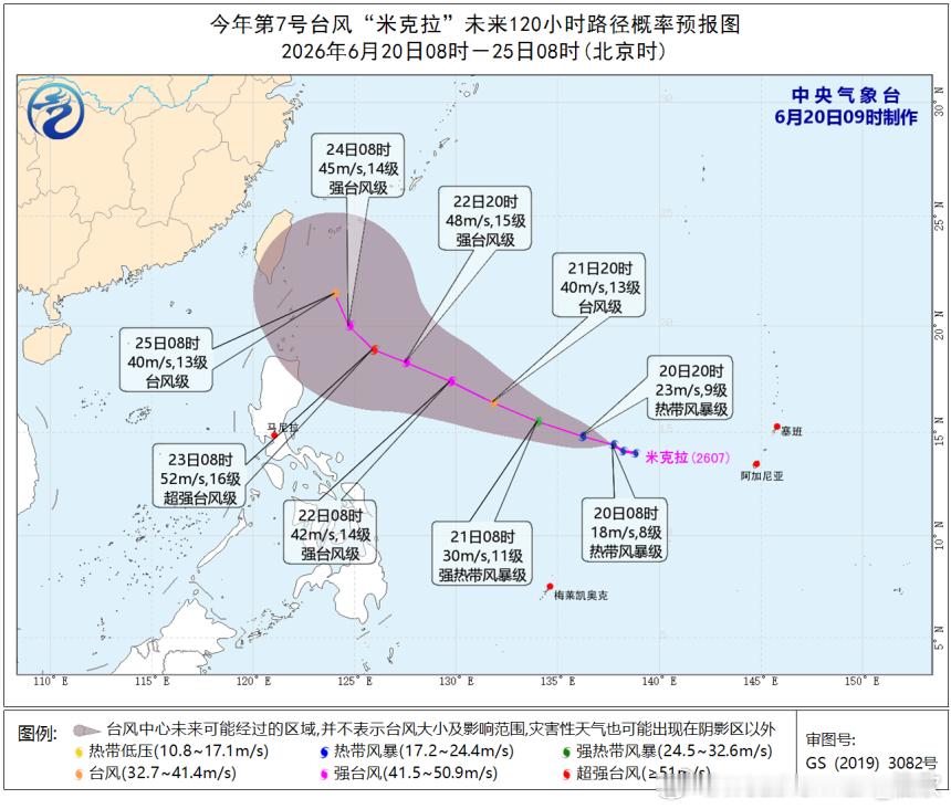 【台风米克拉】今天凌晨，西北太平洋上低压获得编号，成为今年7号台风米克拉。23日