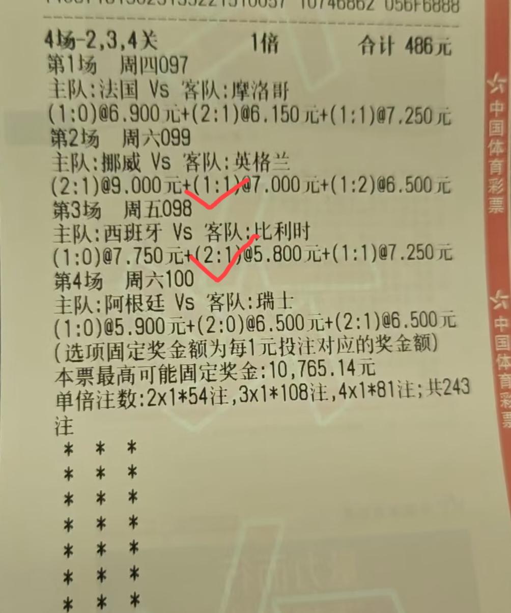 这张票目前为止中了多少钱？已经比完的三场比赛，猜中了两场，法国vs摩洛哥这场的