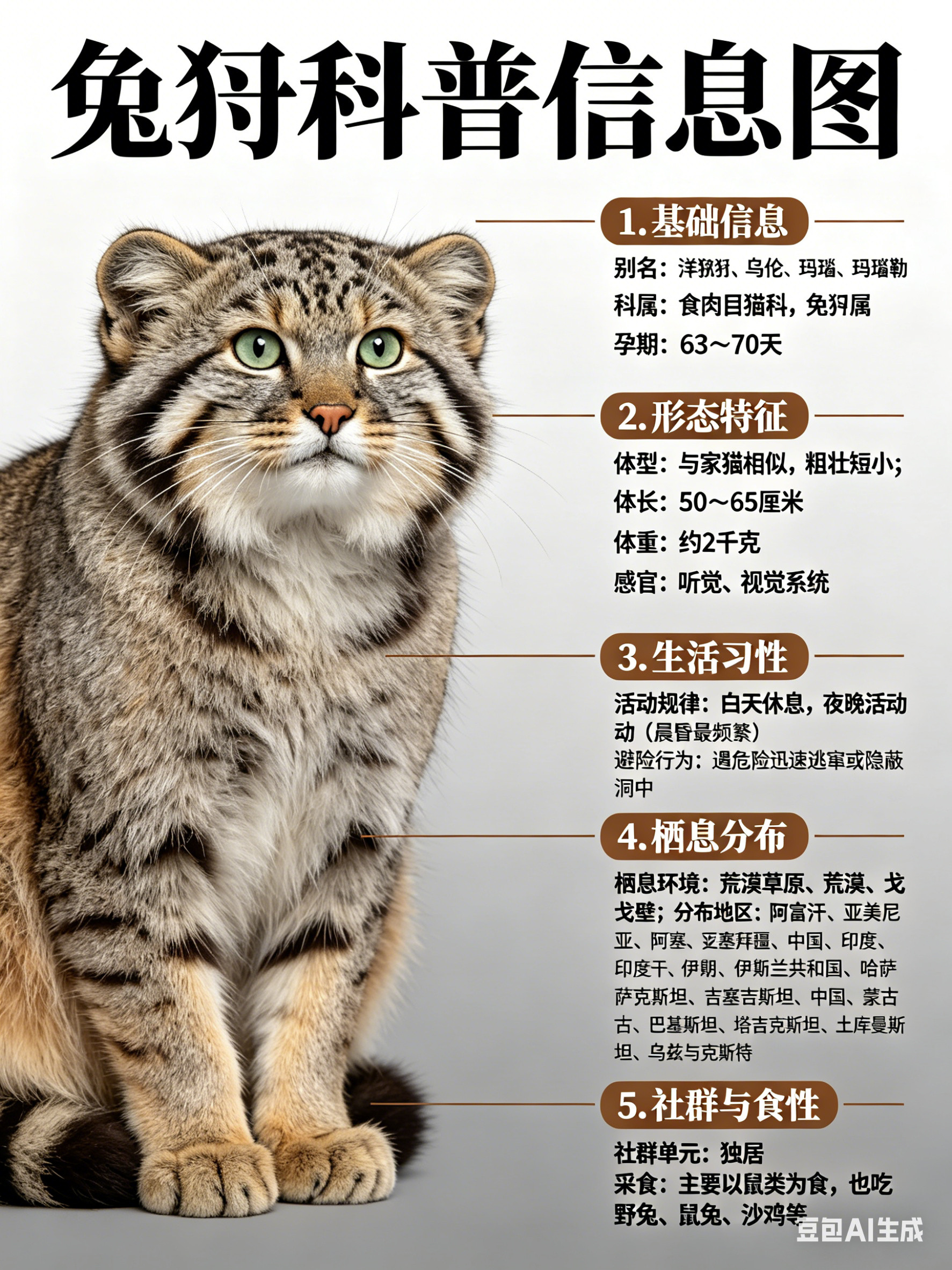 奇妙生物圈兔狲别名：洋猞猁、乌伦、玛瑙、玛瑙勒科属：食肉目猫科，兔狲属孕期：6