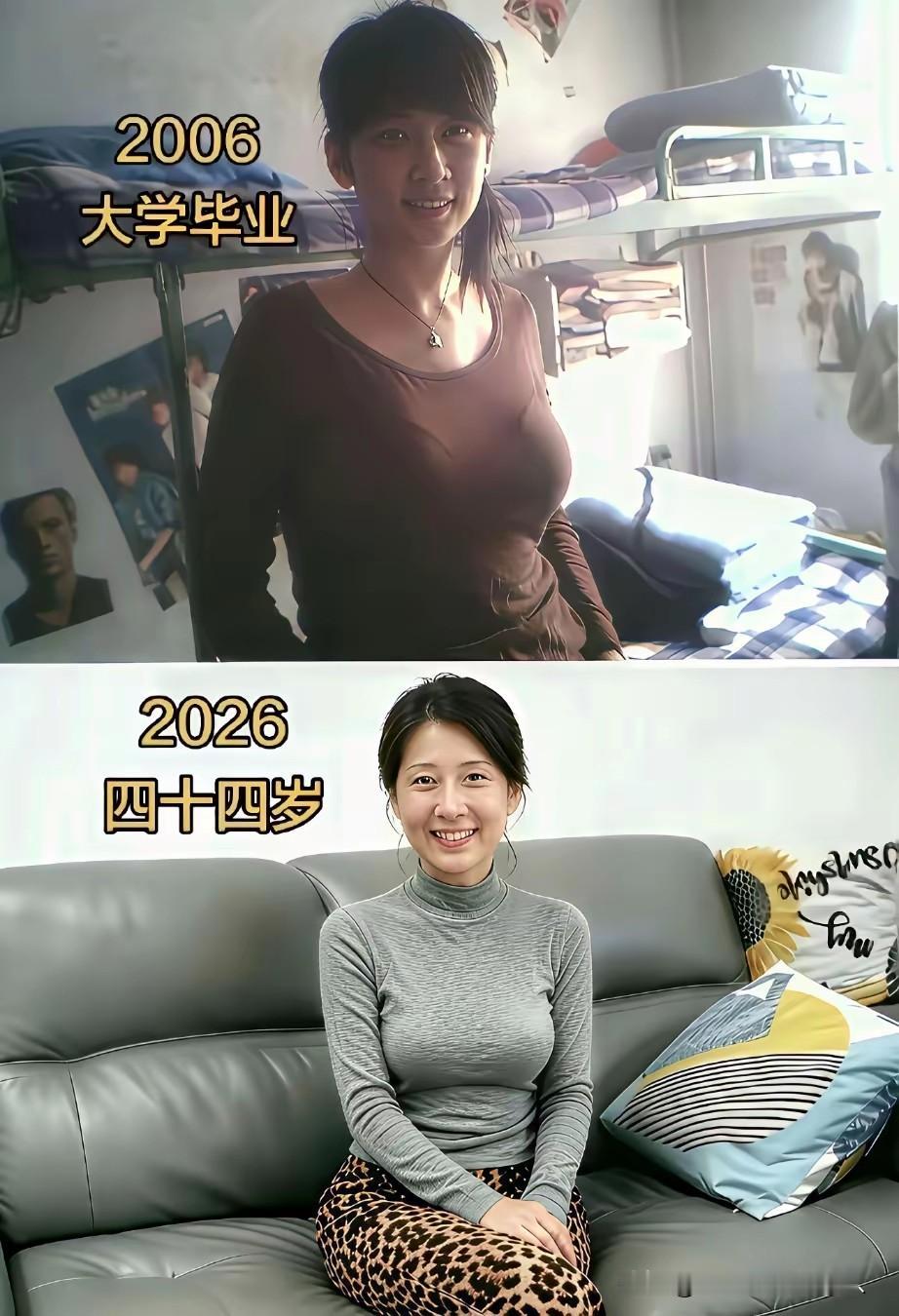 20年从一名青春美少女，变成一个丰韵极致的中年少妇，身材不变，笑容依旧。