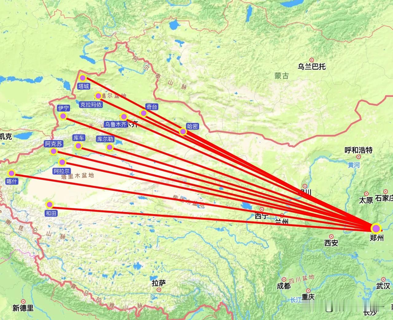 郑州为什么和新疆的联系这么密切呢？目前郑州直飞新疆境内的城市竟然有12座之多，基