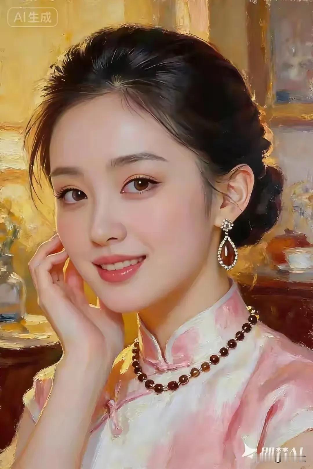 笑靥裁锦凝春水，珠佩娇容映玲珑。云鬓轻挽花眼影，容颜绝世韵倾城。