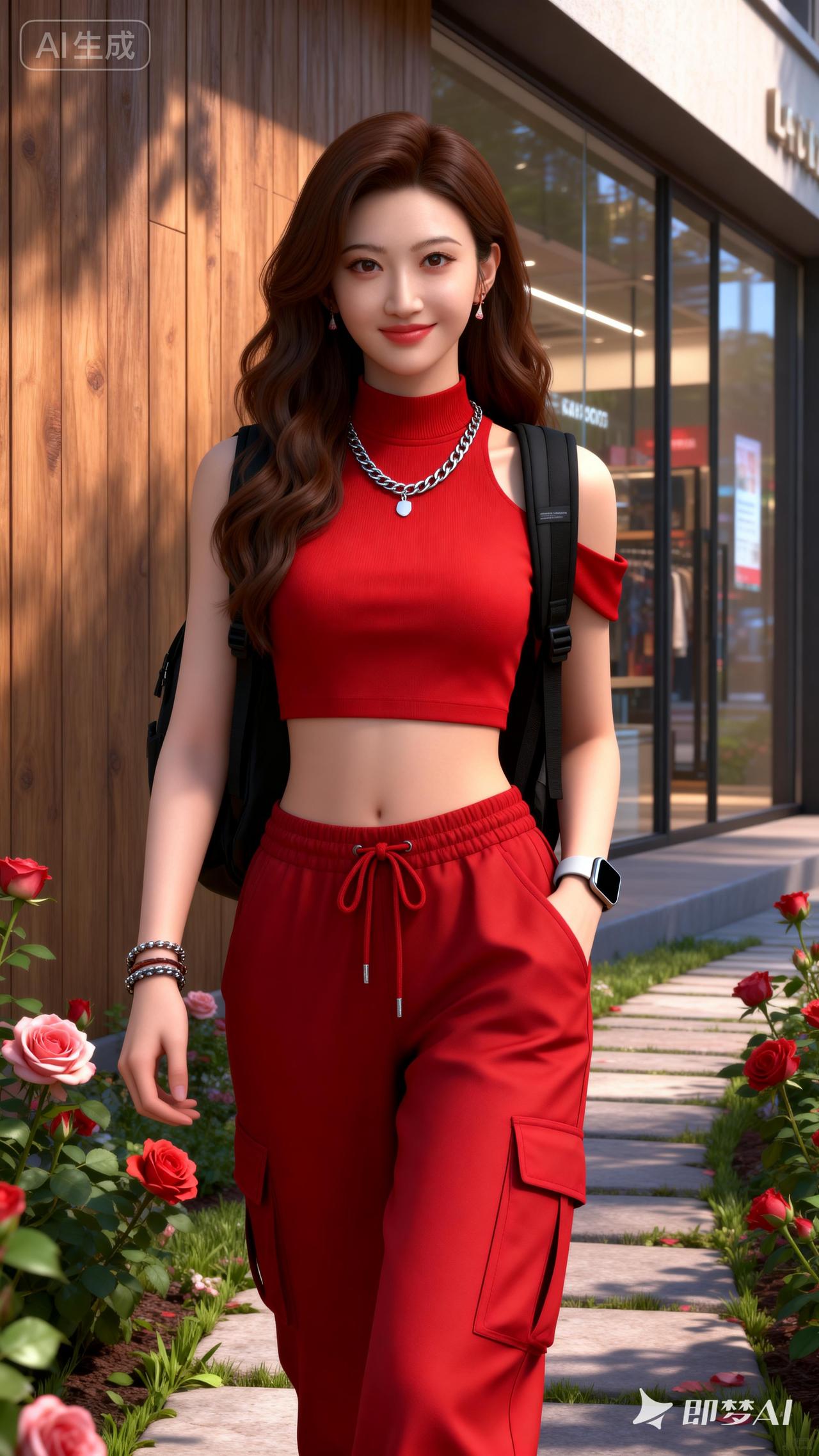 红衣美人行，花径映芳容。