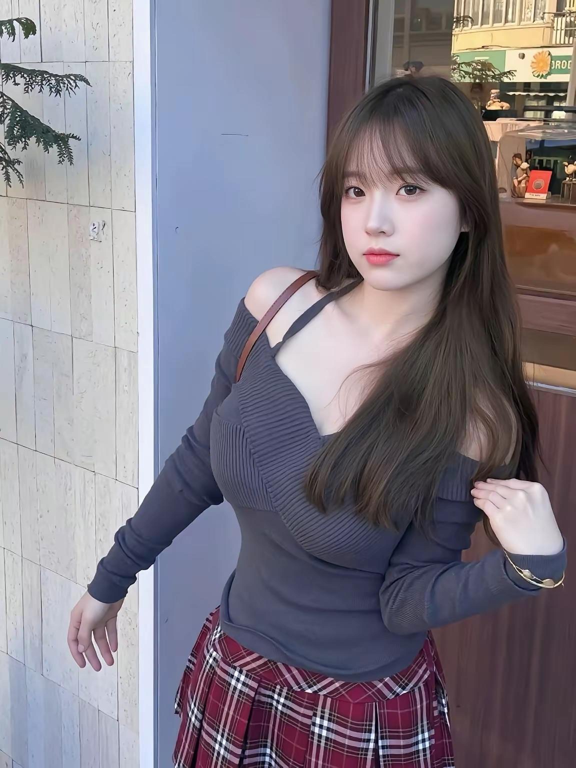 肉肉女生也能驾驭甜酷辣妹风！深灰色露肩针织衫自带修身效果，斜肩设计巧妙露出锁骨，