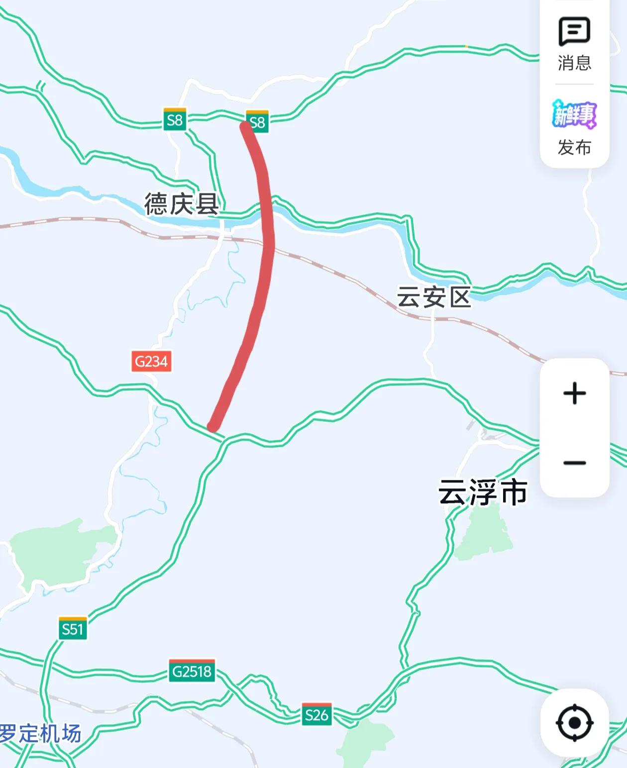 德庆去罗定缺一条高速公路。德庆段的广佛肇高速和郁南连滩段的广昆高速，如果能连起来