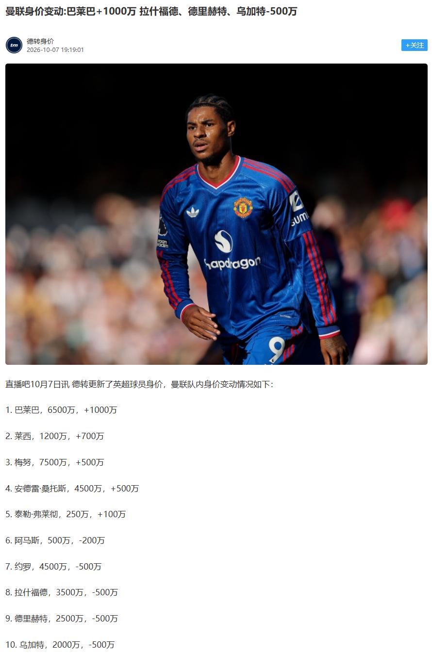 【曼联动态】巴莱巴加入曼联，一场比赛没踢，身价反而涨了德转更新了身价榜单，曼